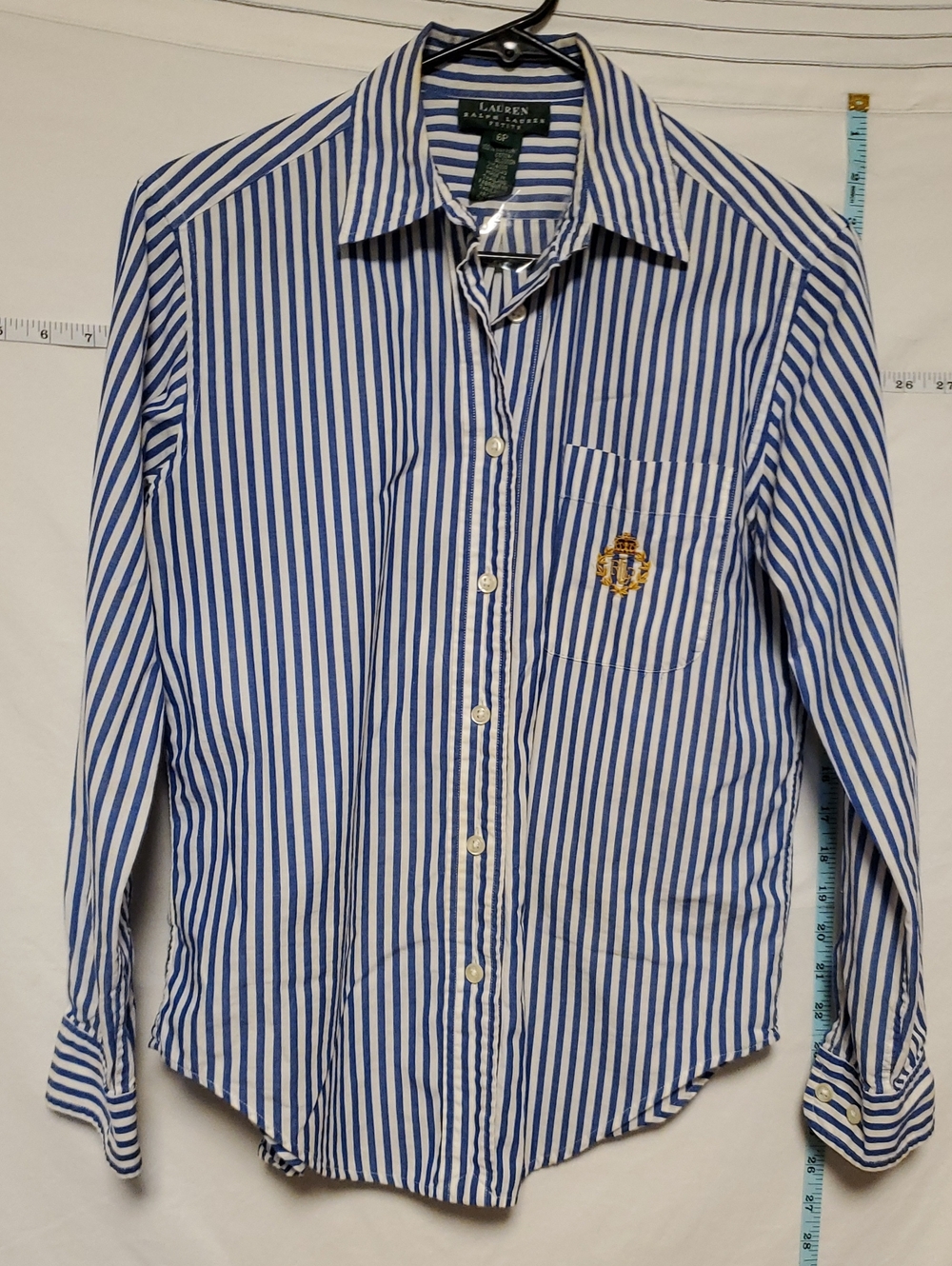 Lauren Ralph Lauren Blue and White Striped Dress Shirt Crest 6P Preppy Academia